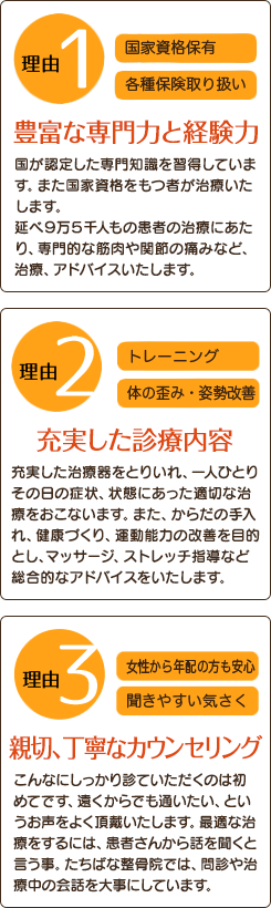 たちばな整骨院、豊富な専門力と経験力、充実した診療内容、丁寧なカウンセリング
